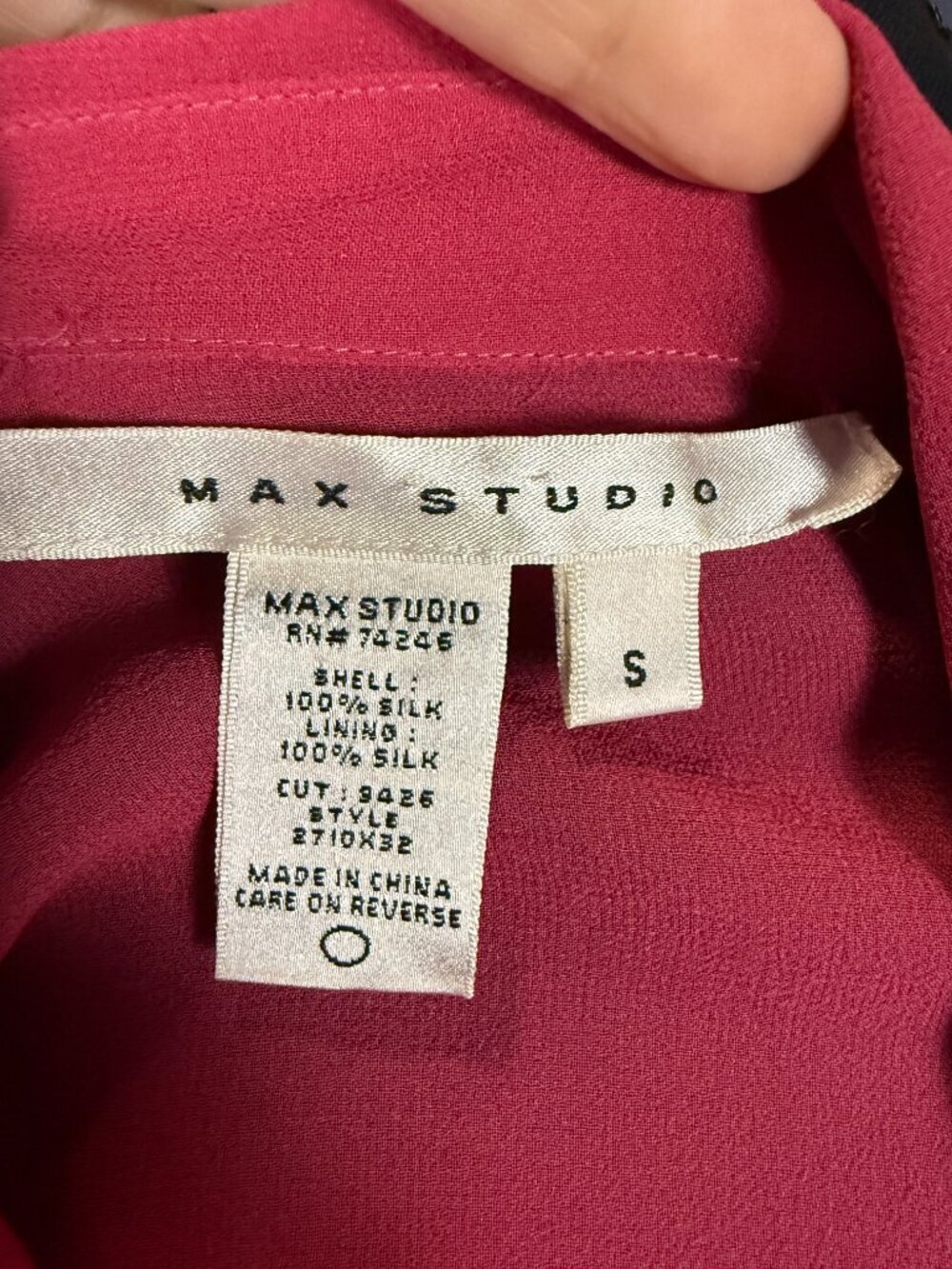 Max Studio Raspberry Silk Pintuck Ruffle Collar Button Down Blouse | S - Picture 2 of 8